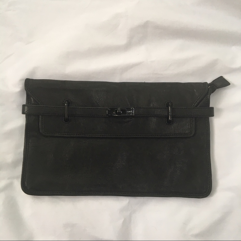 VEDA black leather Clutch w/ cool metal hardware